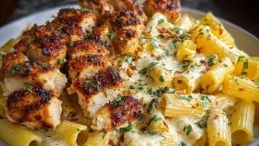 Cheesy Garlic Butter Chicken Bites with Rigatoni in Alfredo Sauce