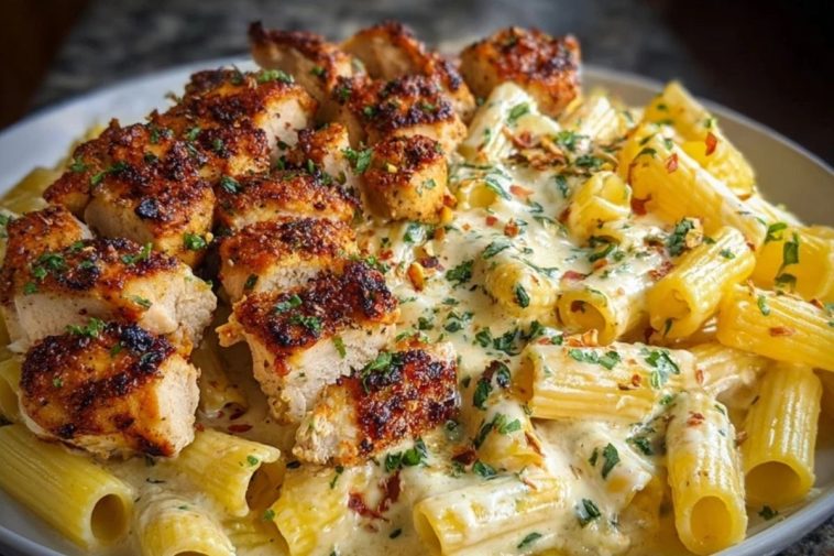 Cheesy Garlic Butter Chicken Bites with Rigatoni in Alfredo Sauce