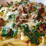 Cheesy Garlic Butter Linguine with Beef, Sausage and Spinach