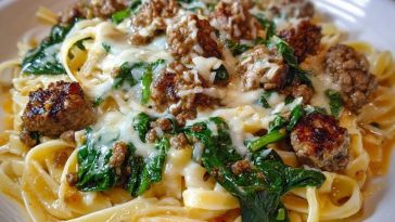 Cheesy Garlic Butter Linguine with Beef, Sausage and Spinach