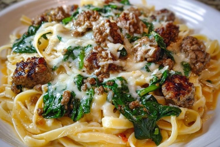Cheesy Garlic Butter Linguine with Beef, Sausage and Spinach