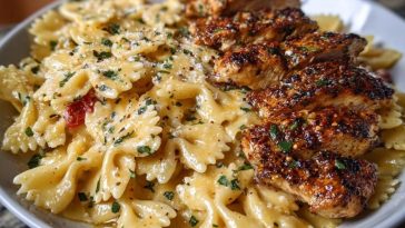 Cheesy Garlic Cajun Chicken Bowtie Pasta in Alfredo Sauce