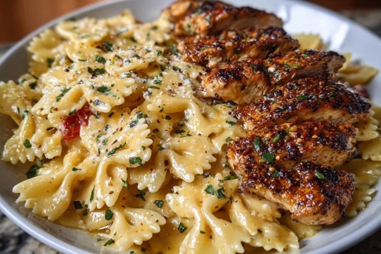 Cheesy Garlic Cajun Chicken Bowtie Pasta in Alfredo Sauce