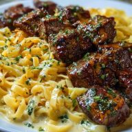 Cheesy Garlic Steak Bites over Creamy Linguine Pasta