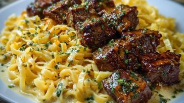 Cheesy Garlic Steak Bites over Creamy Linguine Pasta