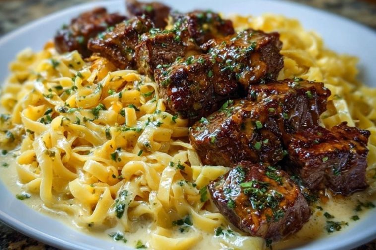 Cheesy Garlic Steak Bites over Creamy Linguine Pasta