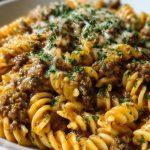 Cheesy Rotini Pasta with Garlic Butter Sauce and Ground Beef