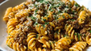 Cheesy Rotini Pasta with Garlic Butter Sauce and Ground Beef
