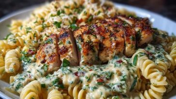 Cheesy Twisted Pasta with Creamy Garlic Parmesan Chicken