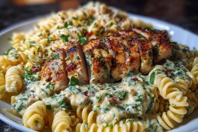 Cheesy Twisted Pasta with Creamy Garlic Parmesan Chicken