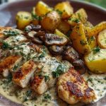 Chestnut Garlic Greek Chicken Alfredo with Sage Potatoes & Mushroom Basil Pesto