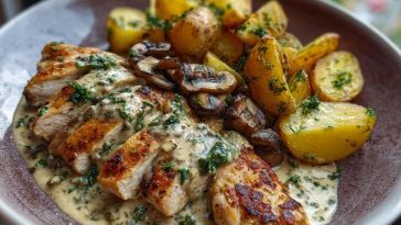 Chestnut Garlic Greek Chicken Alfredo with Sage Potatoes & Mushroom Basil Pesto