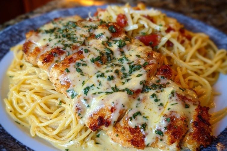 Chicken Smothered in Cheesy Alfredo Three-Cheese Spaghetti Sauce