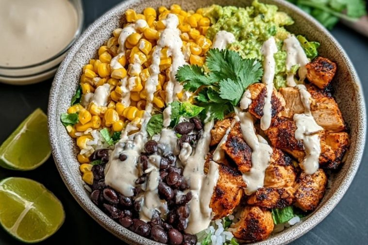 Chipotle Chicken Bowl with Black Beans, Corn, & Creamy Sauce