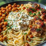 Creamy Cajun Chicken Pasta with Whipped Roasted Garlic Feta & Crispy Chickpeas