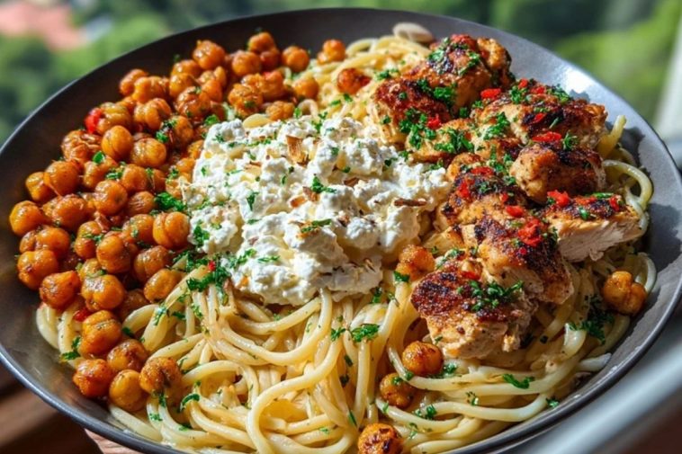 Creamy Cajun Chicken Pasta with Whipped Roasted Garlic Feta & Crispy Chickpeas