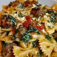 Creamy Garlic Butter Beef Bowtie Pasta with Italian Sausage & Spinach