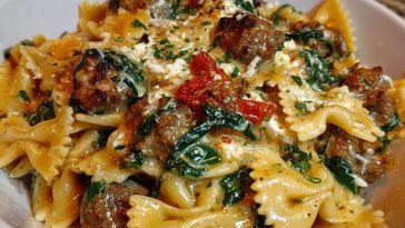 Creamy Garlic Butter Beef Bowtie Pasta with Italian Sausage & Spinach