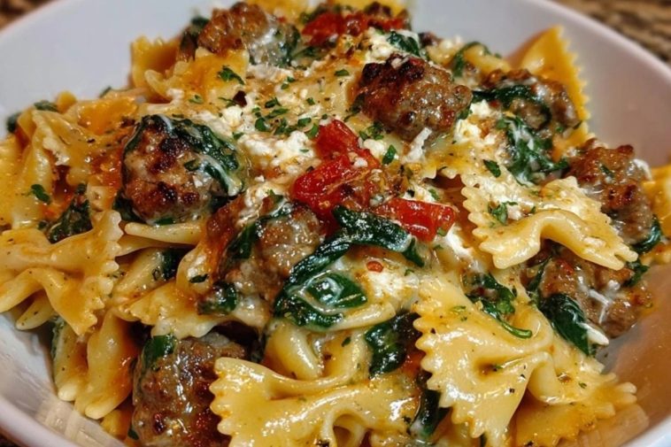 Creamy Garlic Butter Beef Bowtie Pasta with Italian Sausage & Spinach