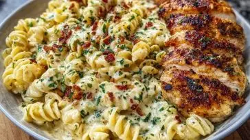 Creamy Garlic Parmesan Chicken with Cheesy Twisted Pasta