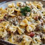 Creamy Ground Beef Bowtie Pasta with Mozzarella and Parmesan