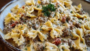 Creamy Ground Beef Bowtie Pasta with Mozzarella and Parmesan