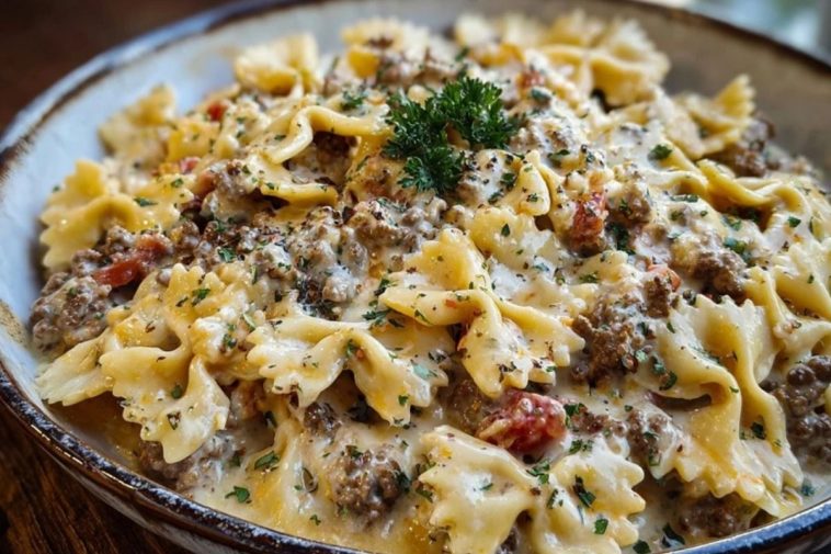 Creamy Ground Beef Bowtie Pasta with Mozzarella and Parmesan