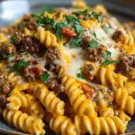 Creamy Mozzarella Rotini with Spicy Cajun Beef and Velveeta Sauce