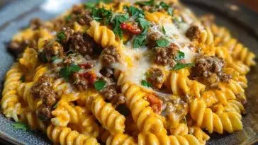 Creamy Mozzarella Rotini with Spicy Cajun Beef and Velveeta Sauce