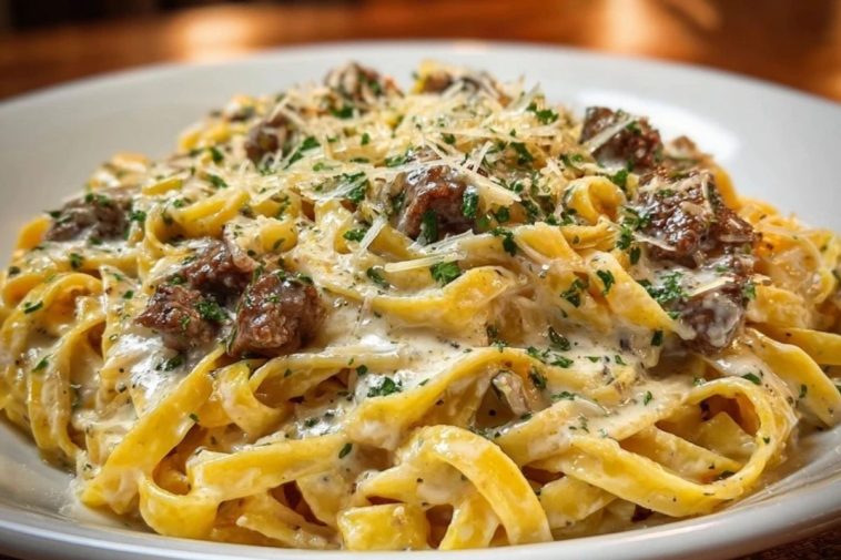 Creamy Parmesan Beef Fettuccine with Garlic Butter Sauce