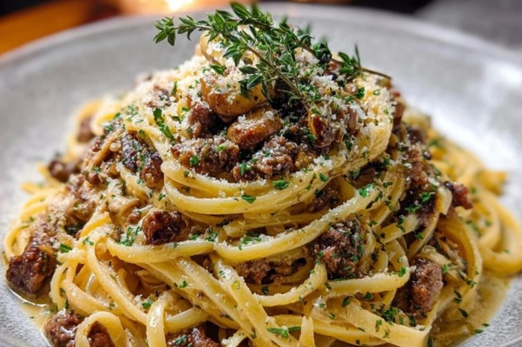 Creamy Parmesan Beef Linguine with Garlic Butter Sauce