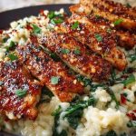 Creamy Parmesan Spinach Rice with Spicy Garlic Chicken