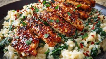 Creamy Parmesan Spinach Rice with Spicy Garlic Chicken