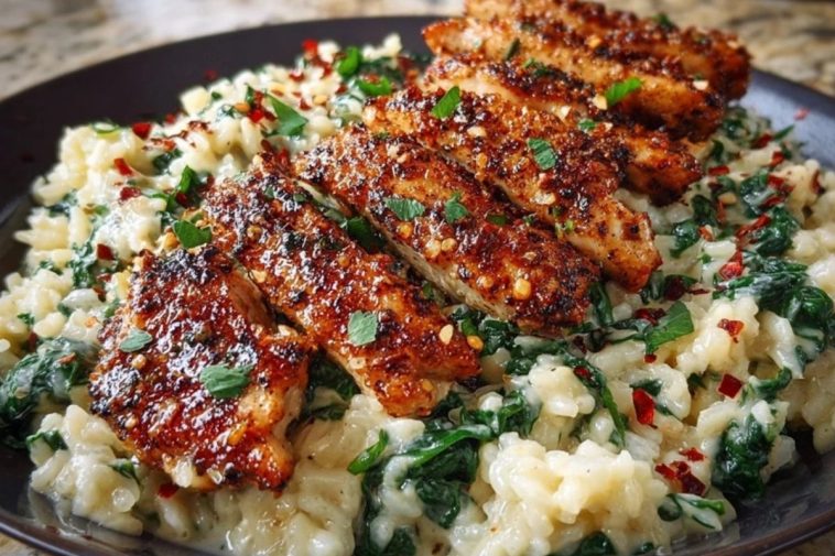 Creamy Parmesan Spinach Rice with Spicy Garlic Chicken