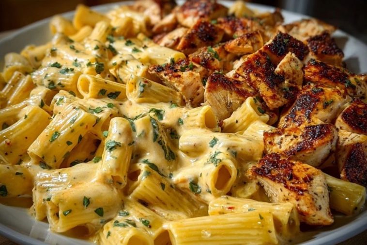 Creamy Velveeta Chicken Rigatoni with Mozzarella Garlic Sauce