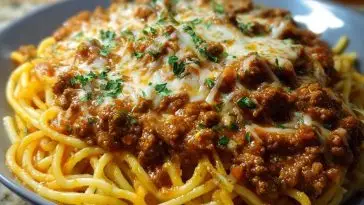 Creamy Velveeta Spaghetti with Italian Beef Marinara