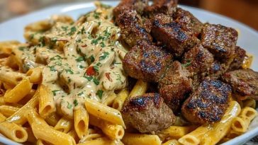 Cajun Steak Tips with Cheesy Penne Parmesan Sauce