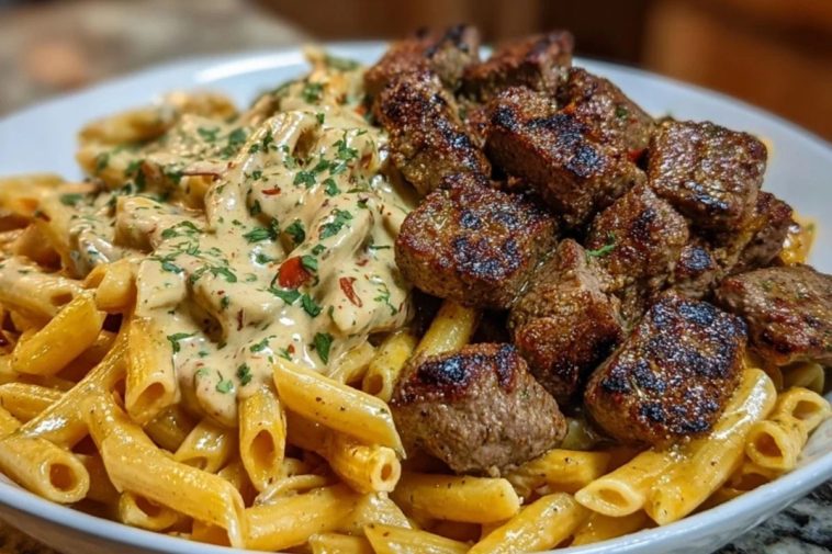 Cajun Steak Tips with Cheesy Penne Parmesan Sauce