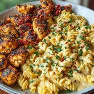 Delicious Tuscan Garlic Chicken Bites with Sun-Dried Tomato Cajun Alfredo Pasta Recipe