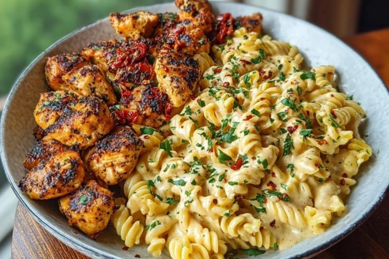 Delicious Tuscan Garlic Chicken Bites with Sun-Dried Tomato Cajun Alfredo Pasta Recipe