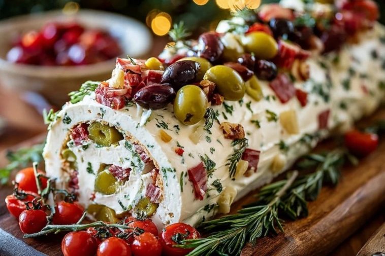Festive Holiday Antipasto Cream Cheese Log