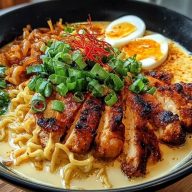 Fiery Chicken Ramen with Creamy Garlic Sauce