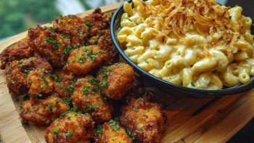 Garlic Butter Chicken Bites & Cajun Alfredo Mac with Crispy Onion Topping