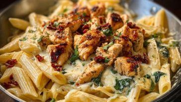 Garlic Butter Chicken Penne with Creamy Three-Cheese Sauce