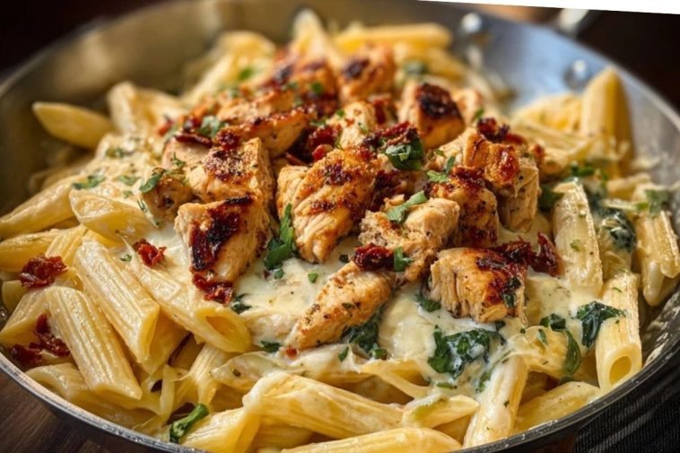 Garlic Butter Chicken Penne with Creamy Three-Cheese Sauce