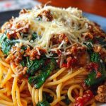 Garlic Butter Spaghetti with Cheesy Italian Sausage and Spinach