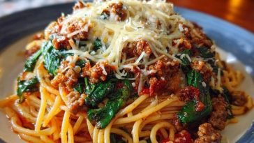 Garlic Butter Spaghetti with Cheesy Italian Sausage and Spinach