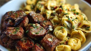 Garlic Butter Steak Bites with Creamy Parmesan Tortellini and Garlic Sauce