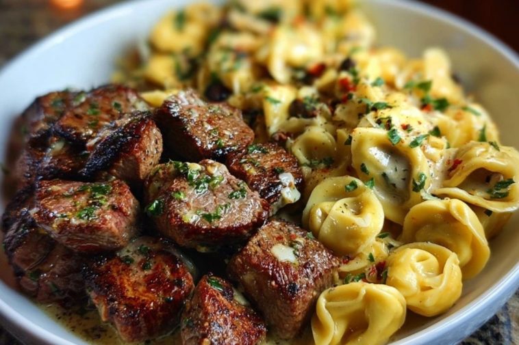 Garlic Butter Steak Bites with Creamy Parmesan Tortellini and Garlic Sauce