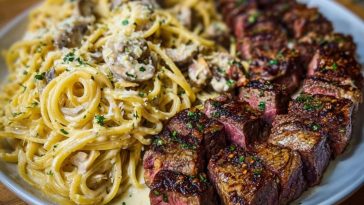 Garlic Butter Steak with Cheesy Linguine in Four-Cheese Sauce